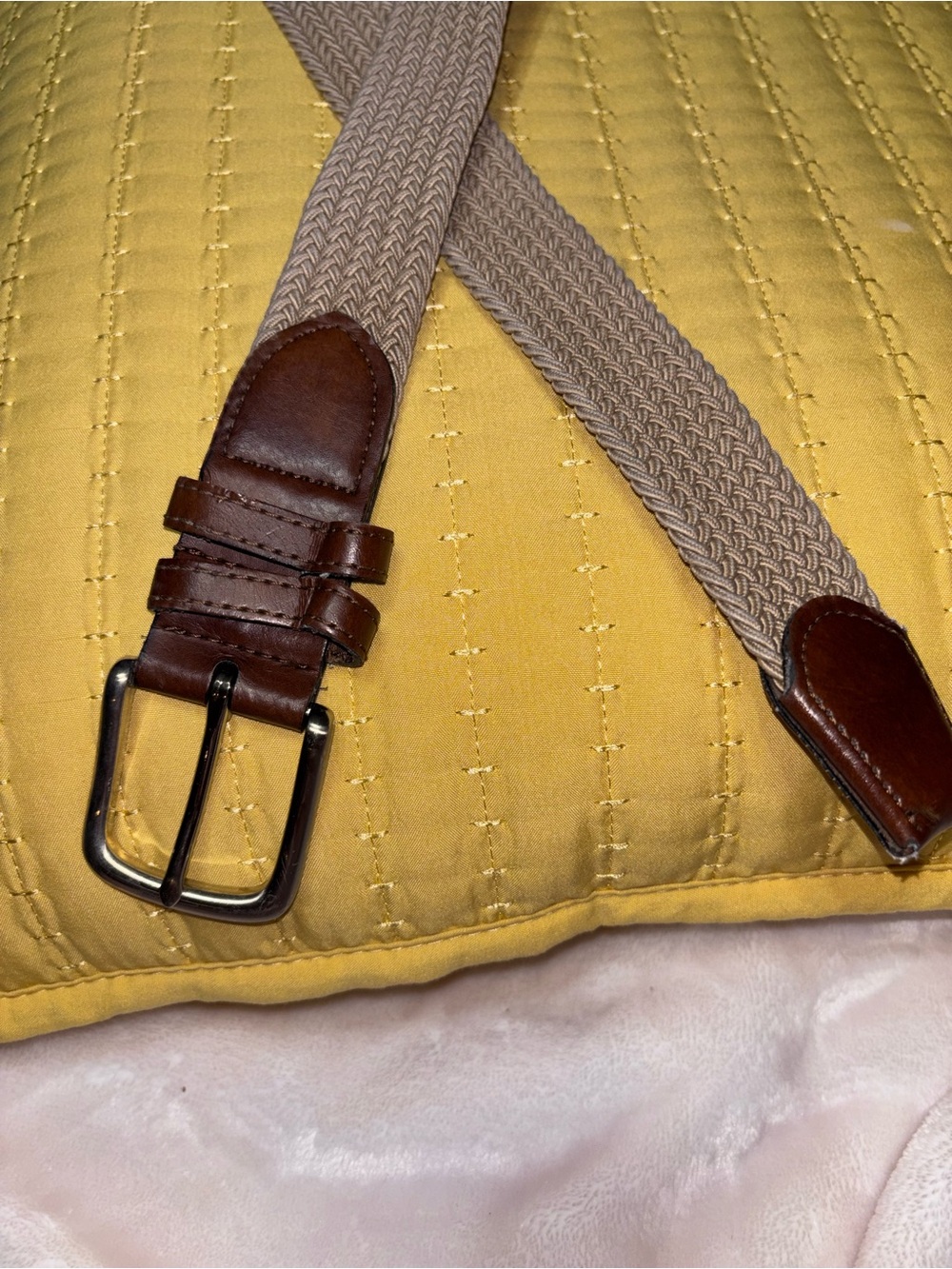 Stretch Woven Khaki Men’s Belt in Beige with Brown Leather Trim KHG size 42